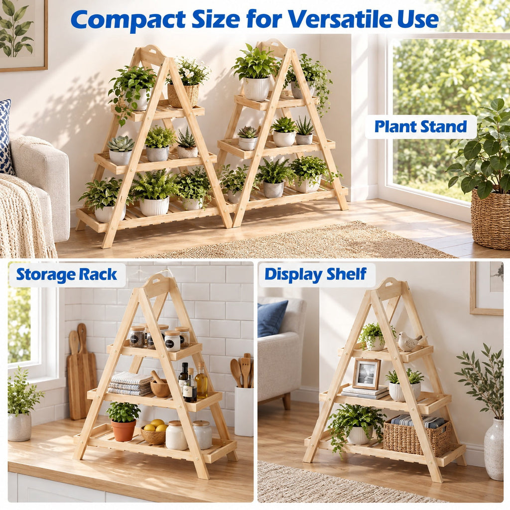 Airfind 3-Tier Plant Stand Flower Pot Display Shelf, Shelf 11 lbs Total Capacity, Fir Wood Frame, 23 x 10 x 28.5 Footprint, Natural