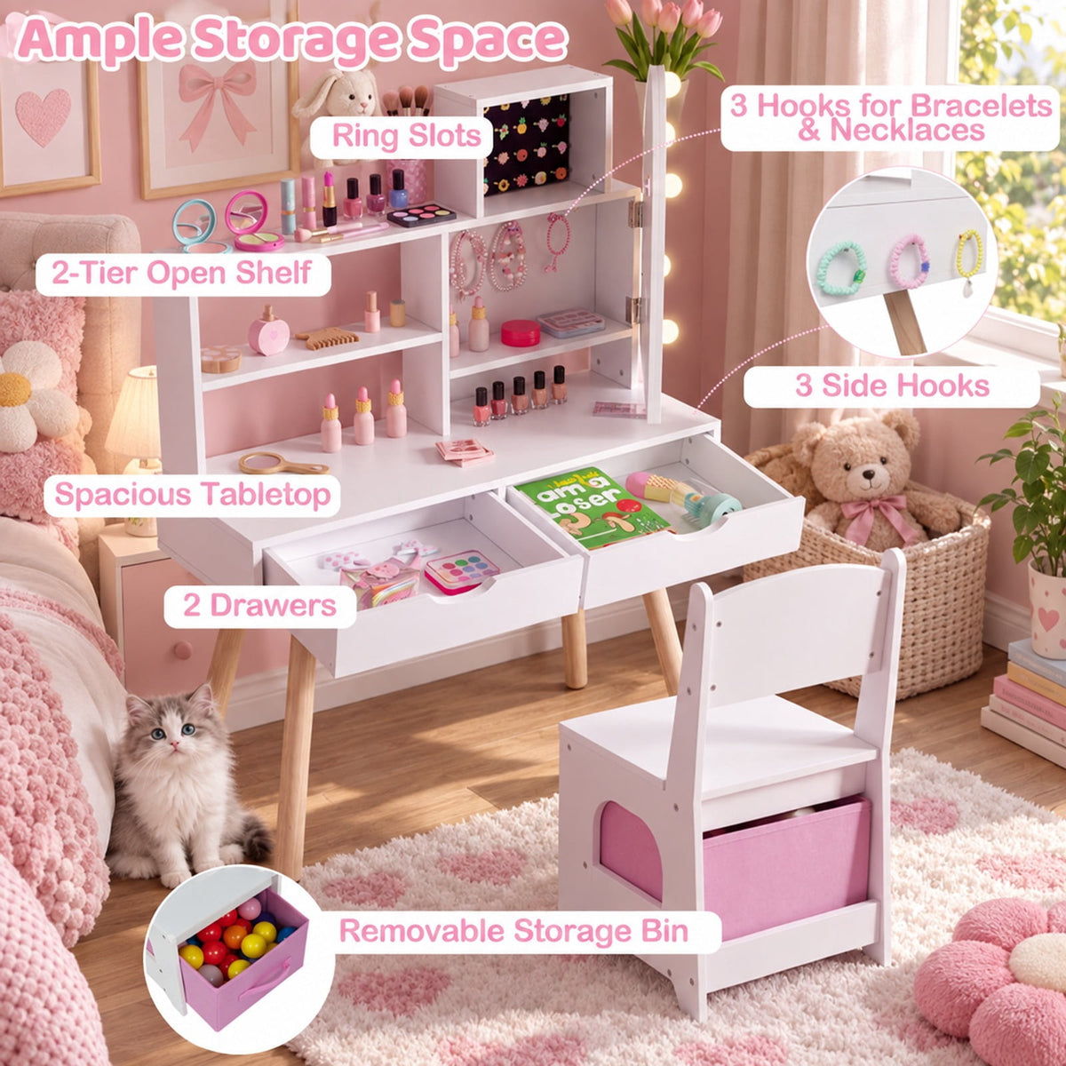 Airfind Kids Vanity Set Pretend Play Dressing Table Set with 3-Color Lighting Modes and Mirror Cabinet, 44 lbs Capacity, MDF Frame, White