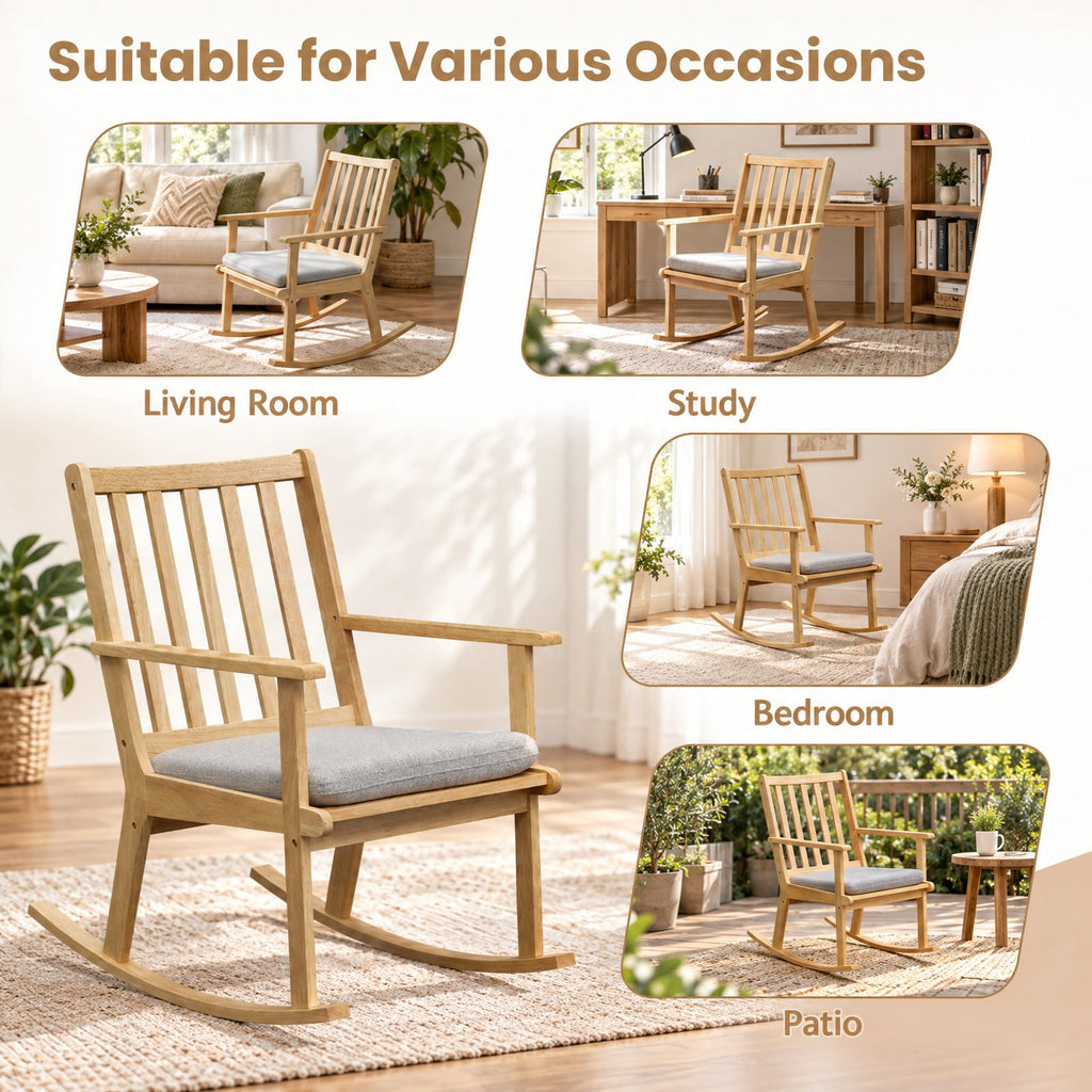 Airfind Rocking Chair with Cushion Solid Rubber Wood Rocker with Padded Seat, 160 kg Capacity, Rubber Wood Fabric Sponge Frame, Natural