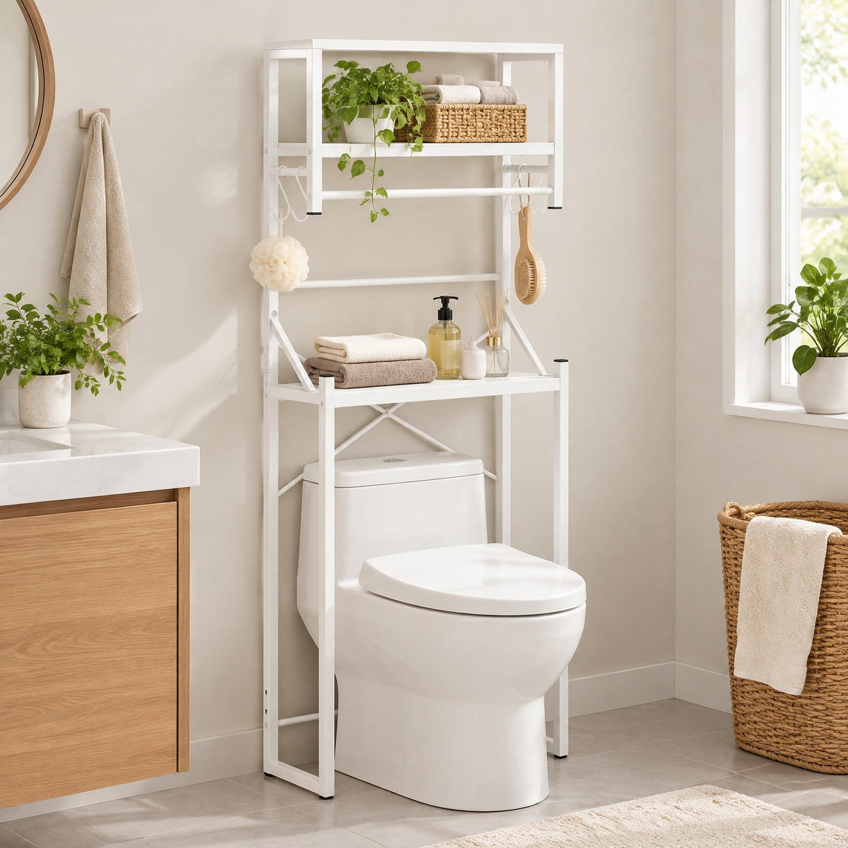 Airfind Over the Toilet Storage Rack 3-Tier Over Toilet Bathroom Organizer with Towel Holder, 110 lbs Capacity, Metal Engineered Wood Frame, White