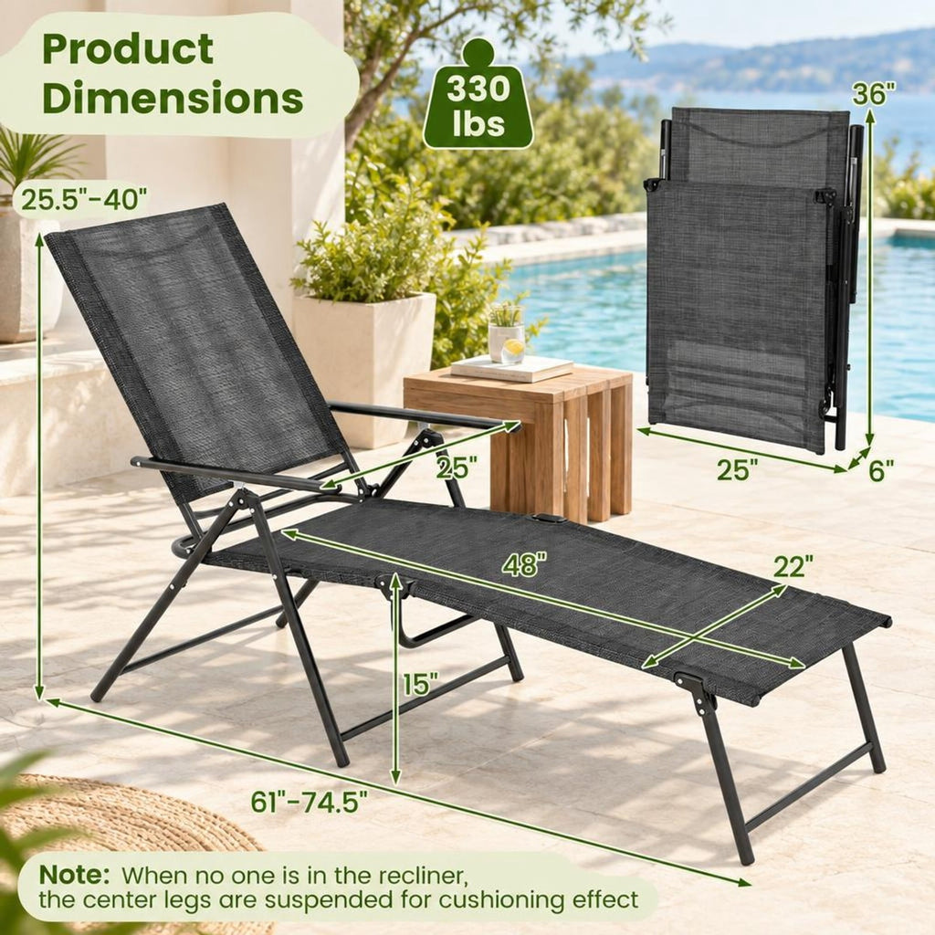 Airfind 2 Piece Patio Folding Chaise Lounge Chairs Recliner with 6-Level Backrest, 61-74.5 x 25 x 25.5-40Folding Footprint, Gray