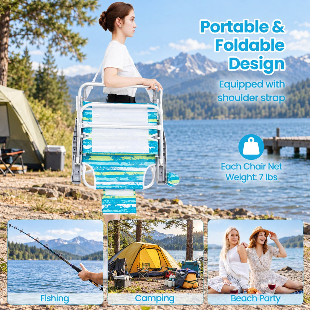 Airfind 2 Pack Folding Beach Chair with Adjustable Positions and Head Pillow, Metal Oxford Fabric Aluminum Frame, Green