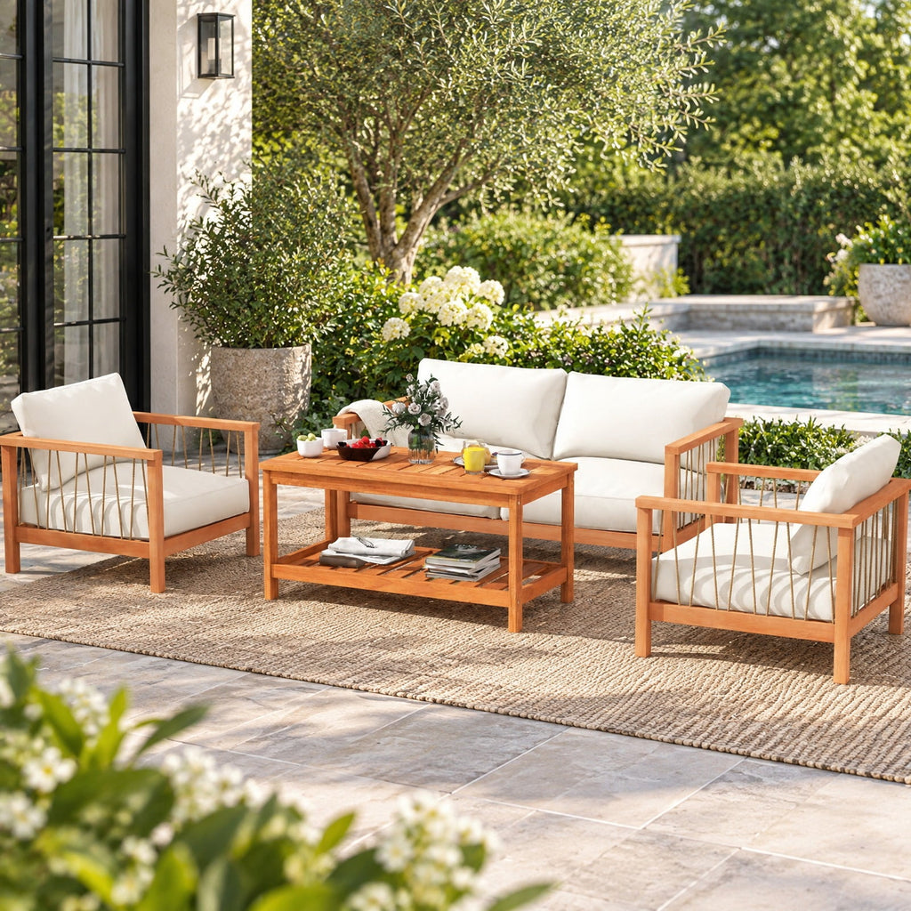 Airfind 2-Tier Patio Coffee Table with Slatted Tabletop and Shelf, 110 lbs Capacity, Hardwood Frame, 35.5 Inch x 18 Inch x 17.5 Inch Footprint, Natural