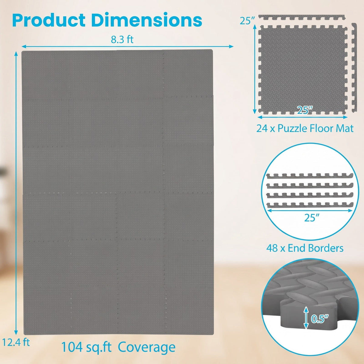 Airfind 24 Tiles Puzzle Exercise Floor Mat with Interlocking EVA Foam and Non-Slip Texture for Home Gym Equipment Protection, Gray