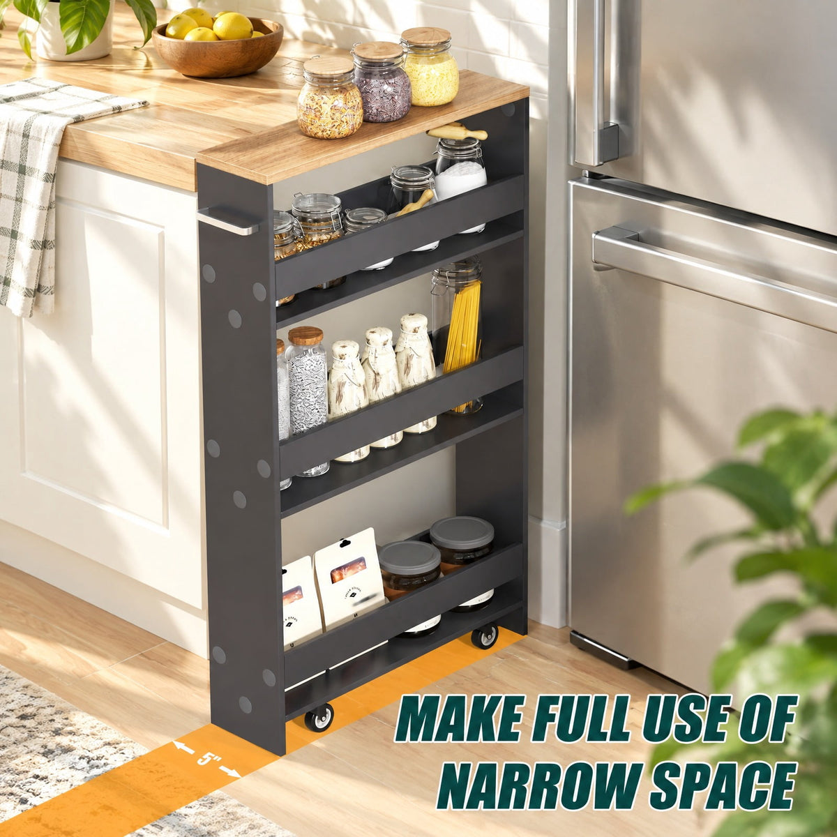 Airfind Rolling Kitchen Slim Storage Cart Mobile Shelving Organizer with Handle, Engineered wood Frame, 19in x 5in x 32in Footprint, Gray