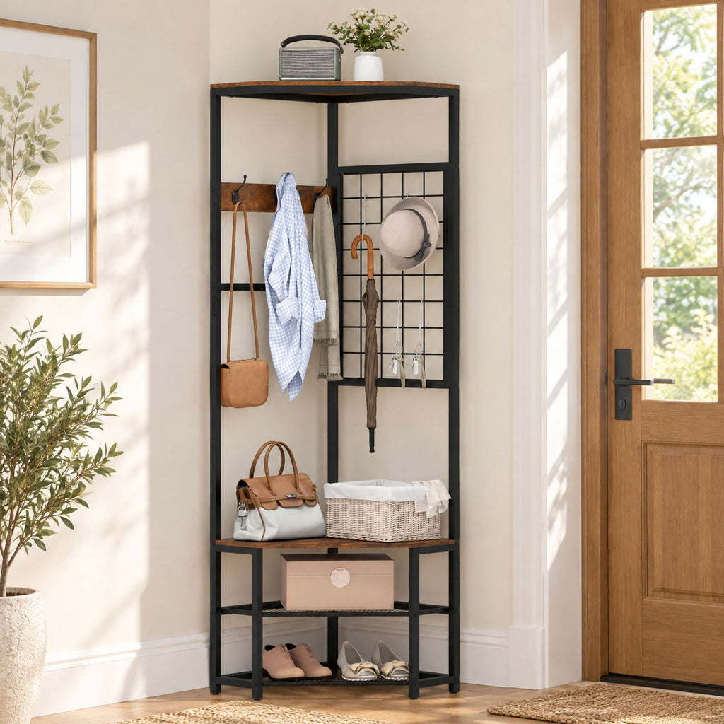 Airfind Corner Hall Tree Freestanding Coat Rack with Storage Shelves Removable Hooks, 220 lbs Capacity, Engineered Wood Metal Frame, Brown