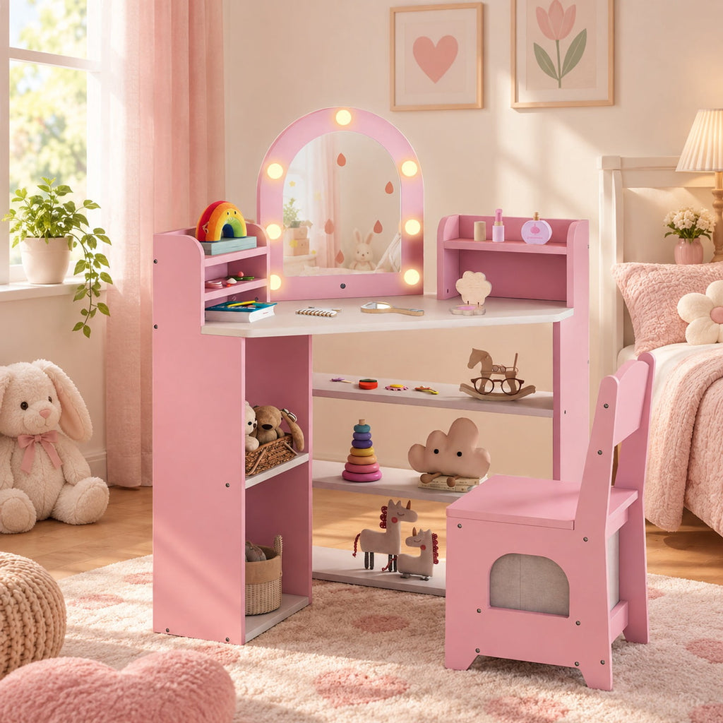 Airfind 2-In-1 Kids Vanity Set with Lights for Toddlers 3+ Years Old, 45 lbs Capacity, MDF Non-woven Fabric Frame, 37 x 24 x 39.5 Footprint, Pink