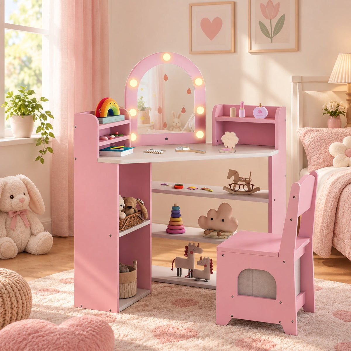Airfind 2-In-1 Kids Vanity Set with Lights for Toddlers 3+ Years Old, 45 lbs Capacity, MDF Non-woven Fabric Frame, 37 x 24 x 39.5 Footprint, Pink