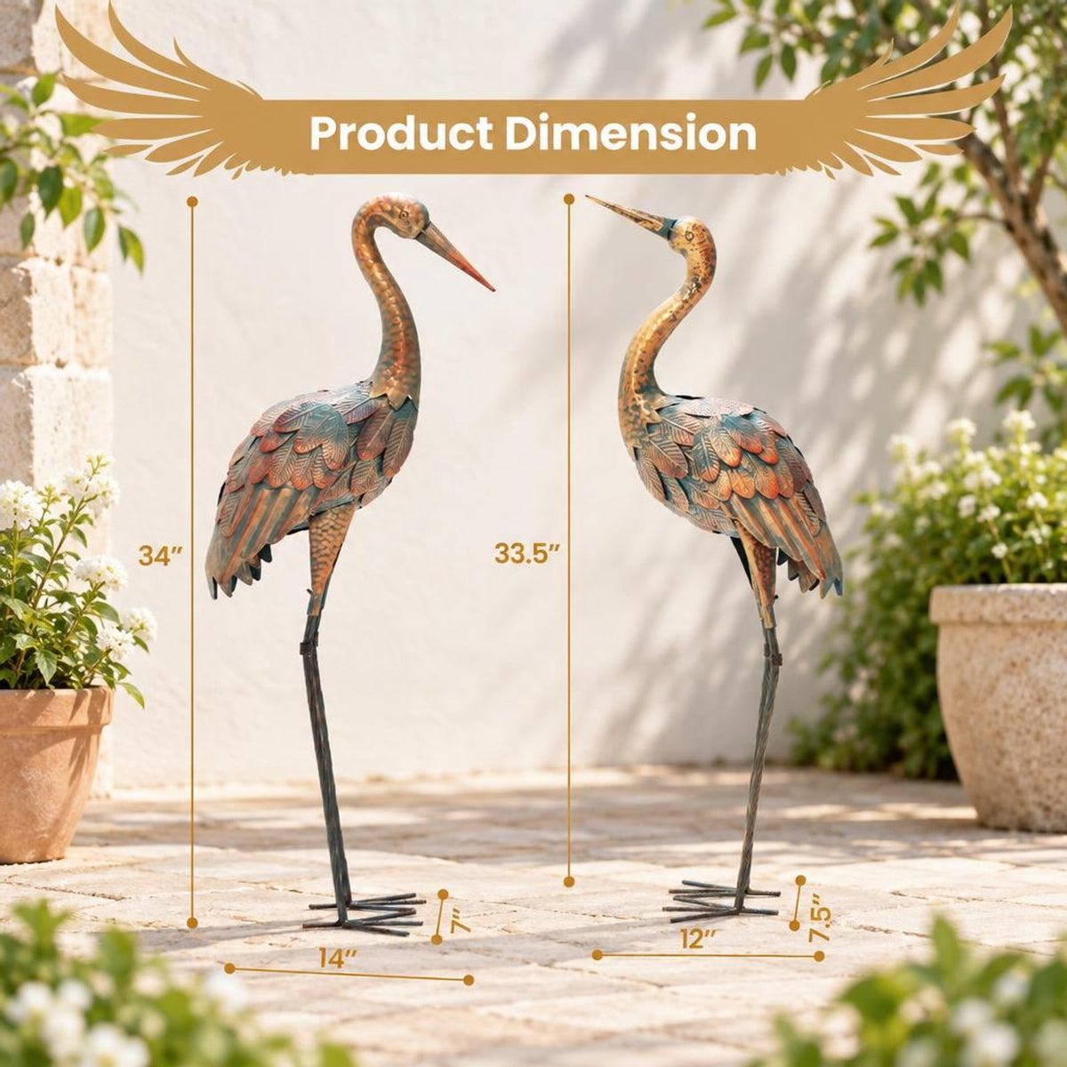 Airfind Set of 2 Crane Garden Statues Standing Metal Crane Sculptures Bird, Metal Frame, 2 standing lawn sculptures in total