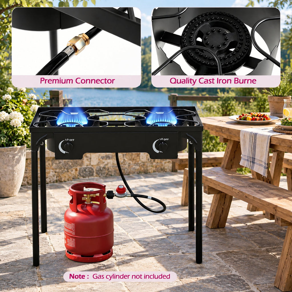 Airfind 2 Burner Propane Stove 160000 BTU with Adjustable Regulator Hose for Camping BBQ, 440 lbs Capacity, Metal Cast Iron PVC ABS Frame, Black