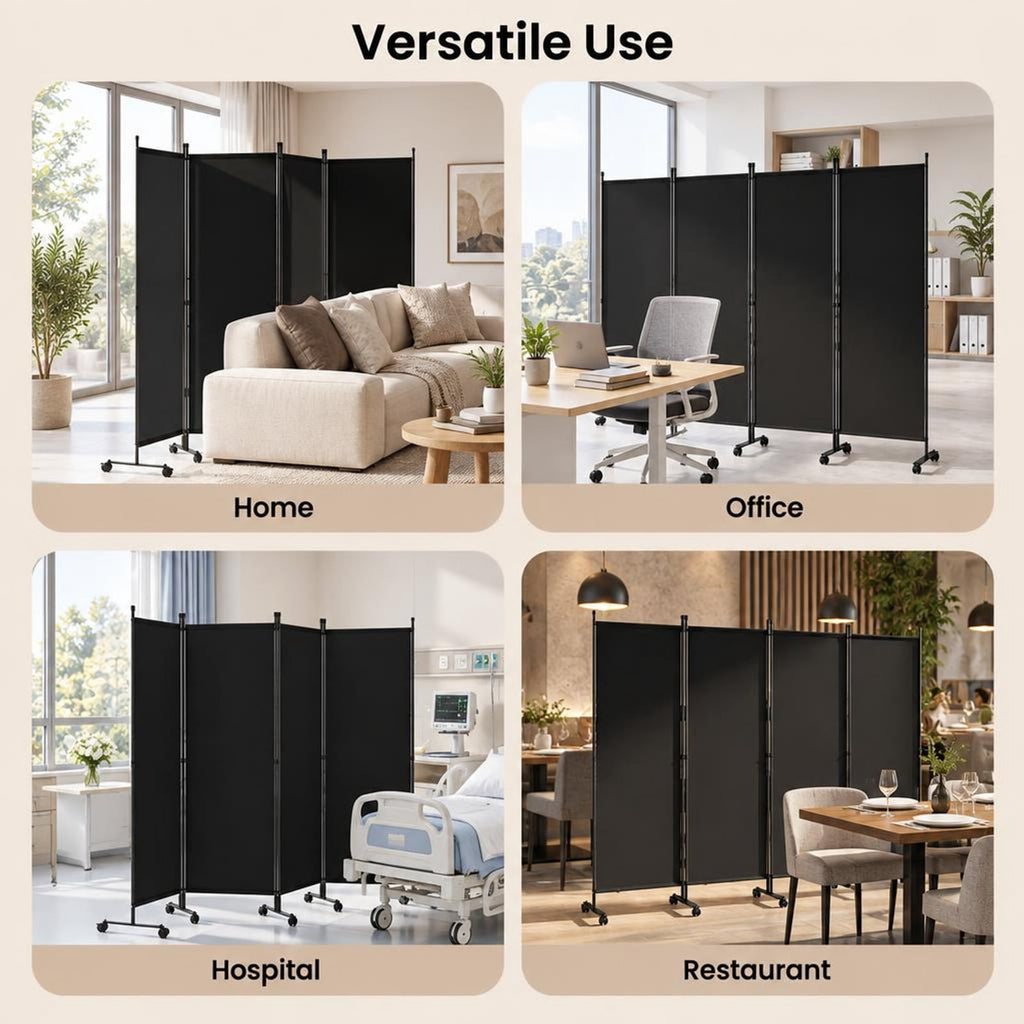 Airfind 4-Panel Room Divider with Lockable Wheels for Living Room, Polyester Fabric Metal Frame, 87in x 14in x 68in Footprint, Black