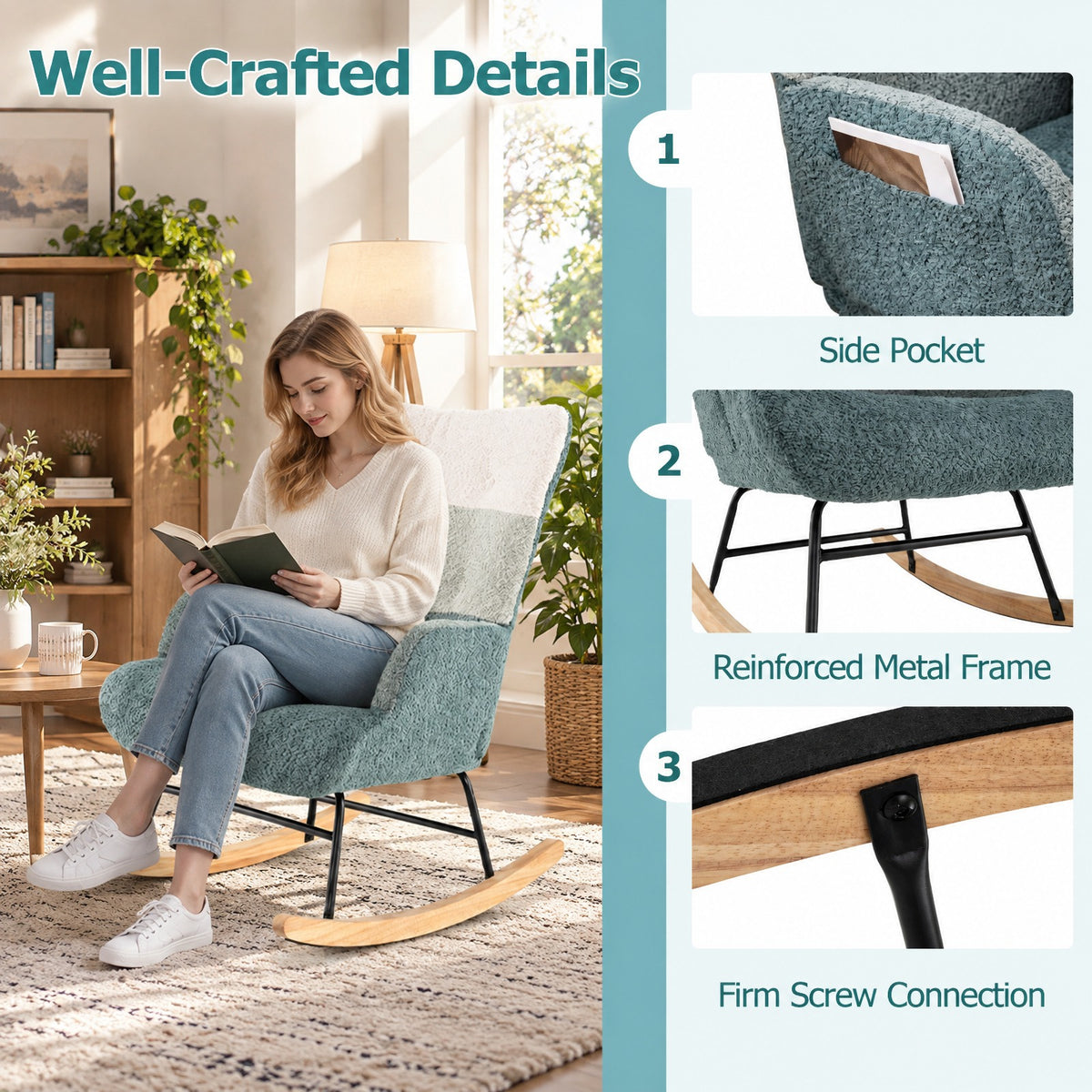Airfind Nursery Rocking Chair with Ergonomic Armrests and High Backrest, 250 lbs Capacity, Boucle Sponge Metal Plywood Rubber Wood Frame, Colorful