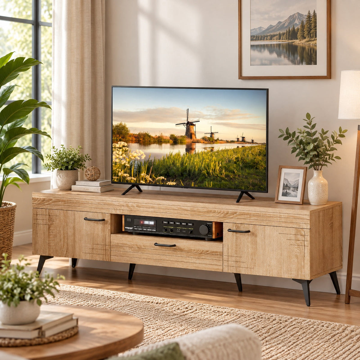 Airfind TV Stand with 2 Cabinets and Storage Drawer for 65 Inches TVs, 180 lbs Capacity, Metal Engineered Wood Frame, 59 x 15 x 17 Footprint, Oak