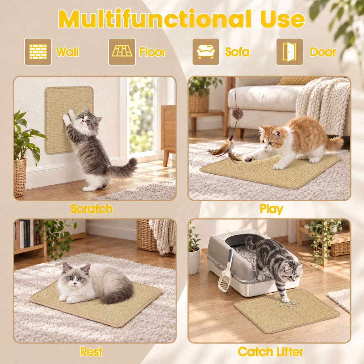 Airfind Cat Scratching Pads Set of 6, 16 x 12 Inch Sisal Scratch Mats featuring Latex Backing for Furniture and Floor Protection, Natural