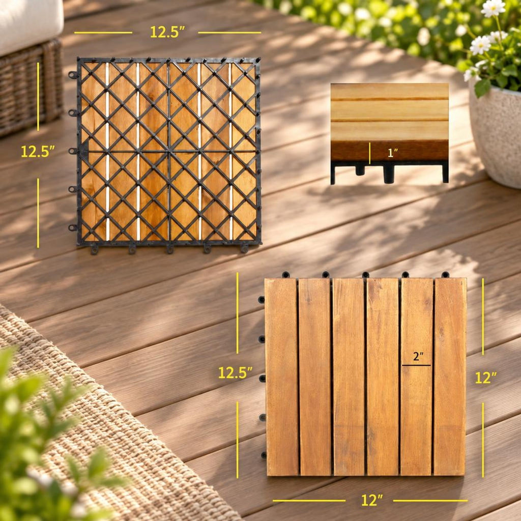 Airfind 27 Pieces Acacia Wood Interlocking Patio Deck Tile, Acacia Wood Plastic, 12 Inch X 12 Inch X 1 Inch (l X W X L) Covering Area: 27 Sq.ft, Natural
