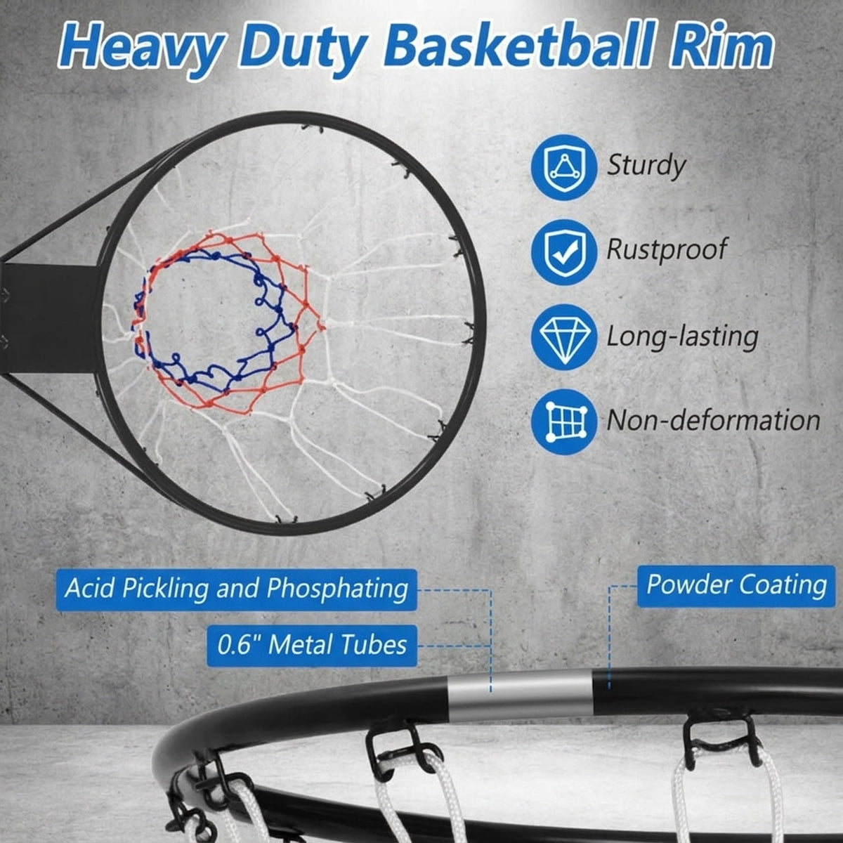 Airfind 15 Inch Replacement Basketball Rim with All-Weather Polyester Net and Heavy-Duty Metal Frame for Youth Garage Backboard Hoop Repair and Basketball Goal Restoration, Black