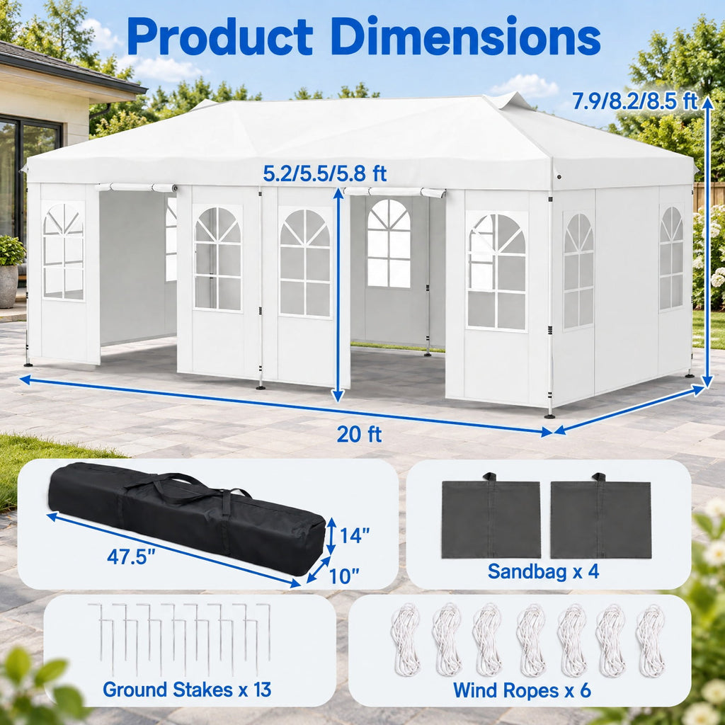 Airfind 10 x 20 FT Pop Up Canopy Tent with 6 Sidewalls and Adjustable Height, PE Metal Fabric Frame, 20 x 10 x 8.5/8.2/7.9 ft Footprint, White