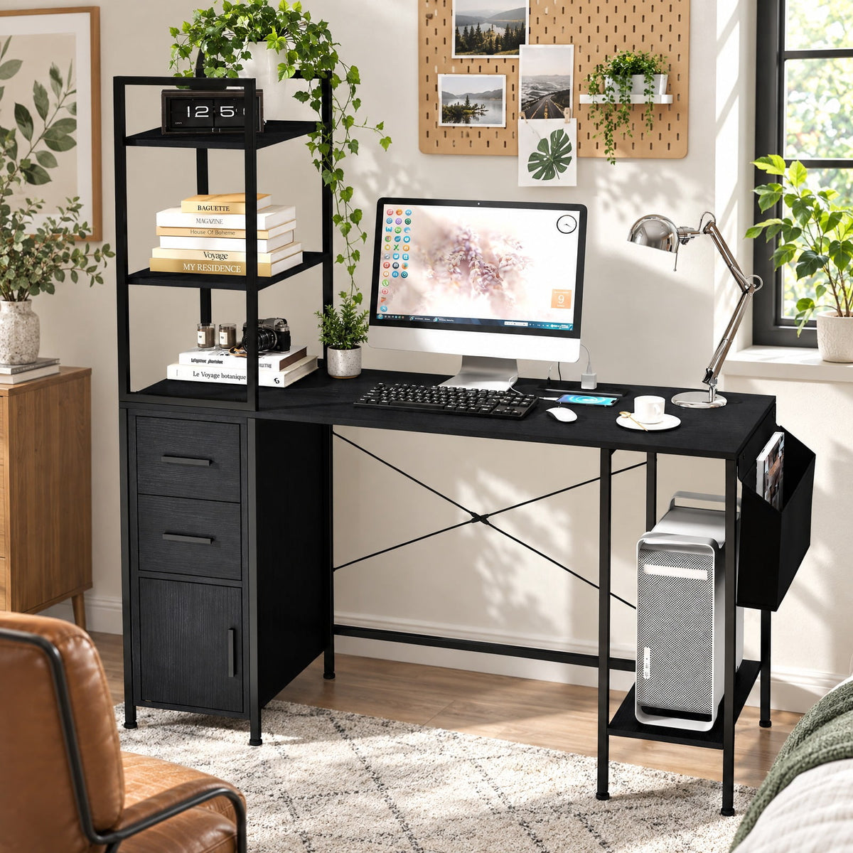 Airfind Office Desk with LED Lights and Power Outlets Computer Desk with Open Shelves, 200 lbs Capacity, Engineered Wood Metal Fabric Frame, Black