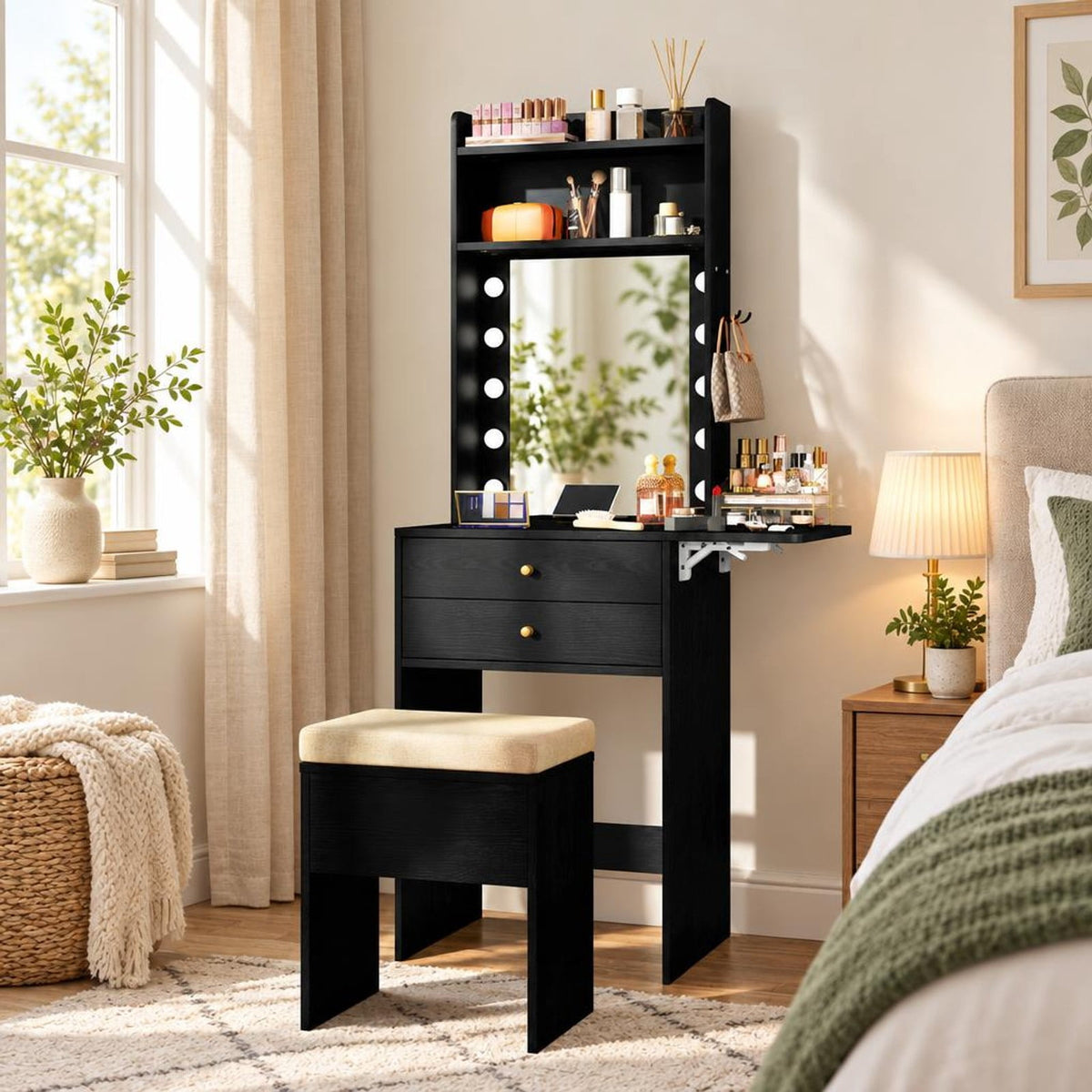 Airfind Compact Vanity Desk Set with 3-Color Lighted Mirror and Power Outlets, 50 kg Capacity, MDF Engineered Wood Glass Sponge Frame, Black