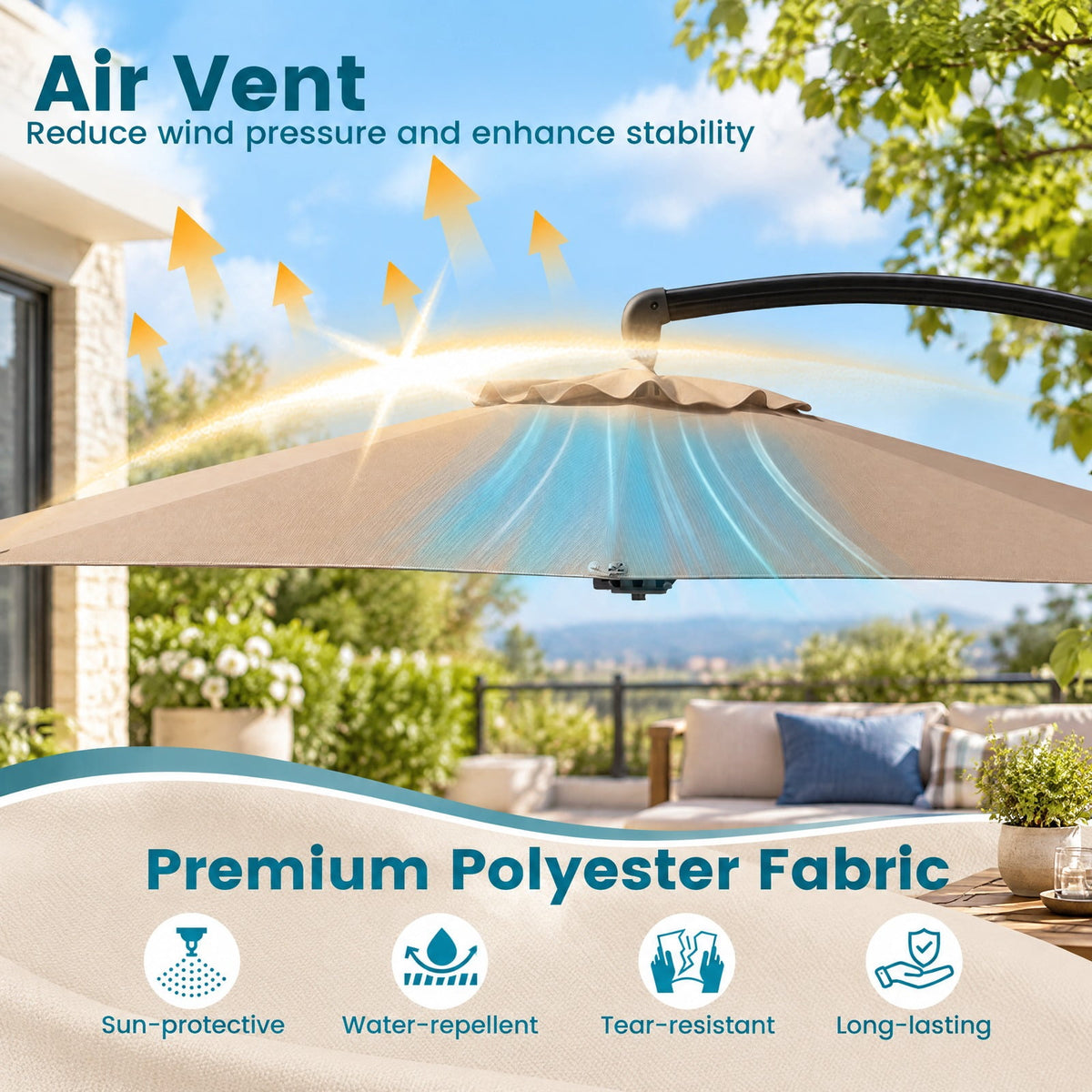 Airfind 11 FT Cantilever Patio Umbrella with Base with 360° Rotation and Tilt Adjustment, Polyester Fabric Aluminum Metal Frame, Brown