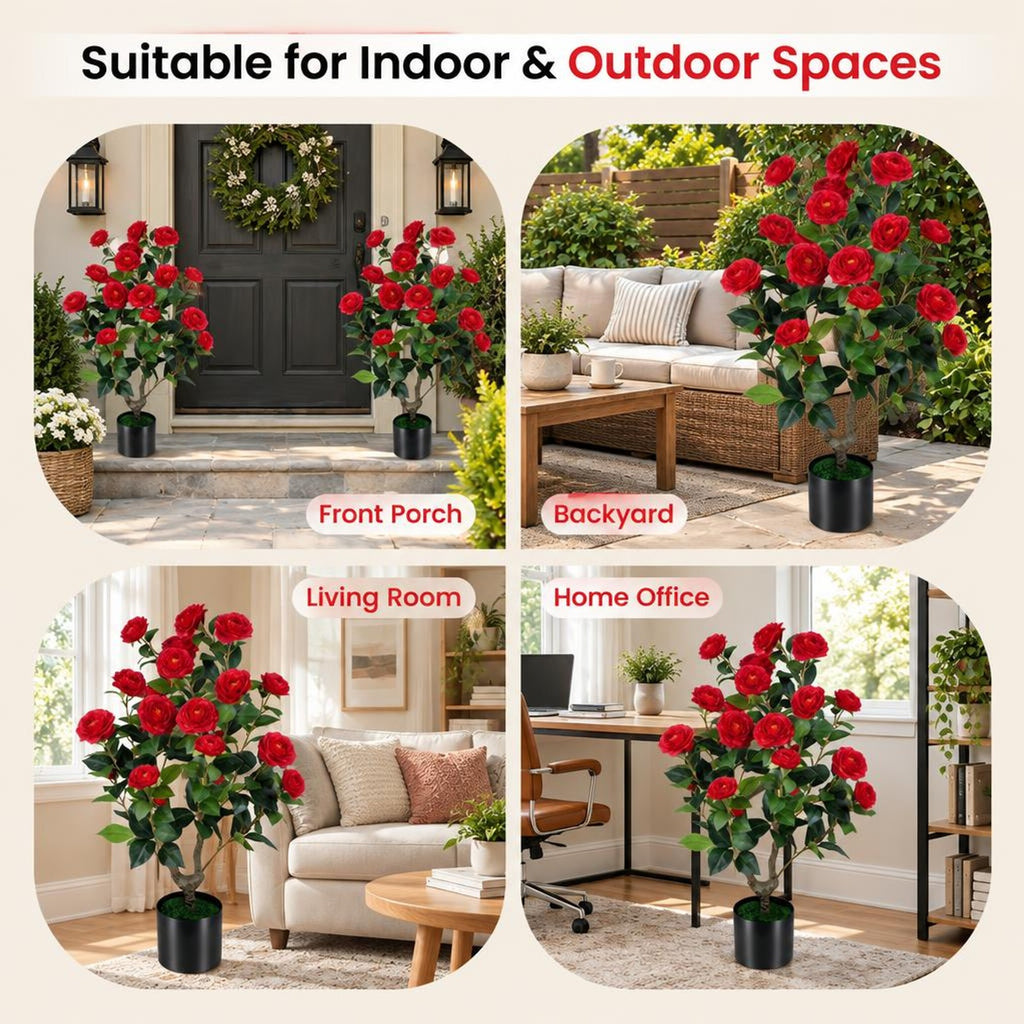 Airfind Artificial Camellia Tree, 2-Pack, Faux Flower Plant in Cement-Filled Pot, offers excellent stability and balance, Red