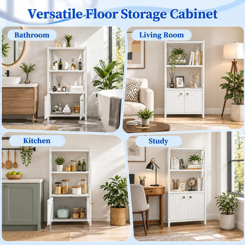 Airfind Bathroom Storage Cabinet, with Open Shelves and Double Doors, 88 lbs Capacity, Rubber Wood MDF Frame, 25 Inch x 12 Inch x 47 Inch Footprint, White