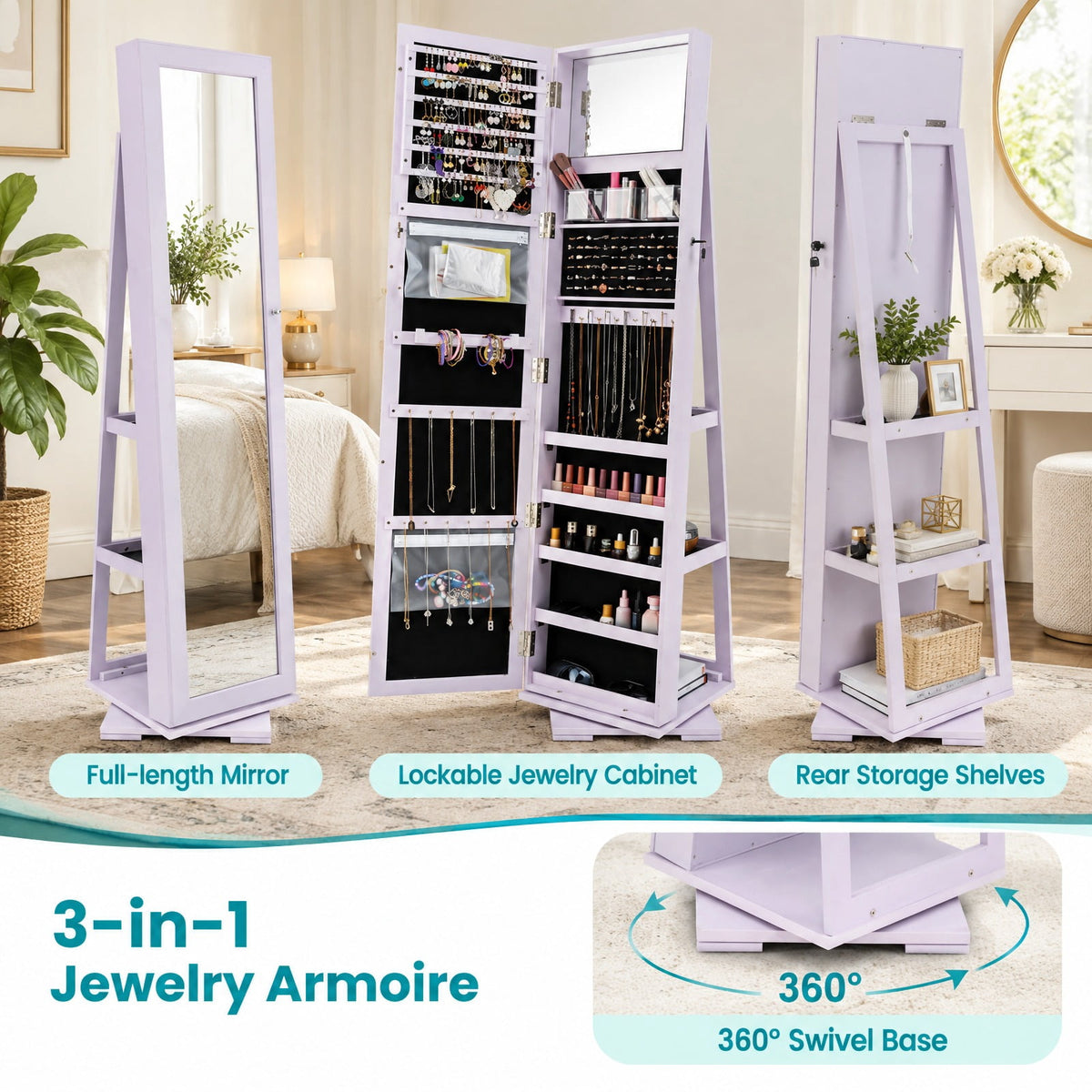 Airfind 360° Rotatable 2-in-1 Lockable Jewelry Cabinet with Full-Length Mirror, P2 MDF Frame, 15 Inch x 15 Inch x 63.5 Inch (L x W x H) External Footprint