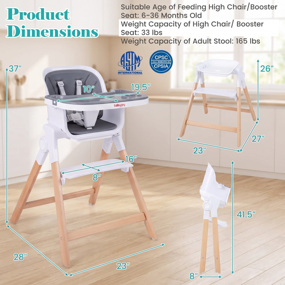 Airfind 4-in-1 Convertible Baby High Chair with Detachable Adjustable Tray, Beech Wood Legs