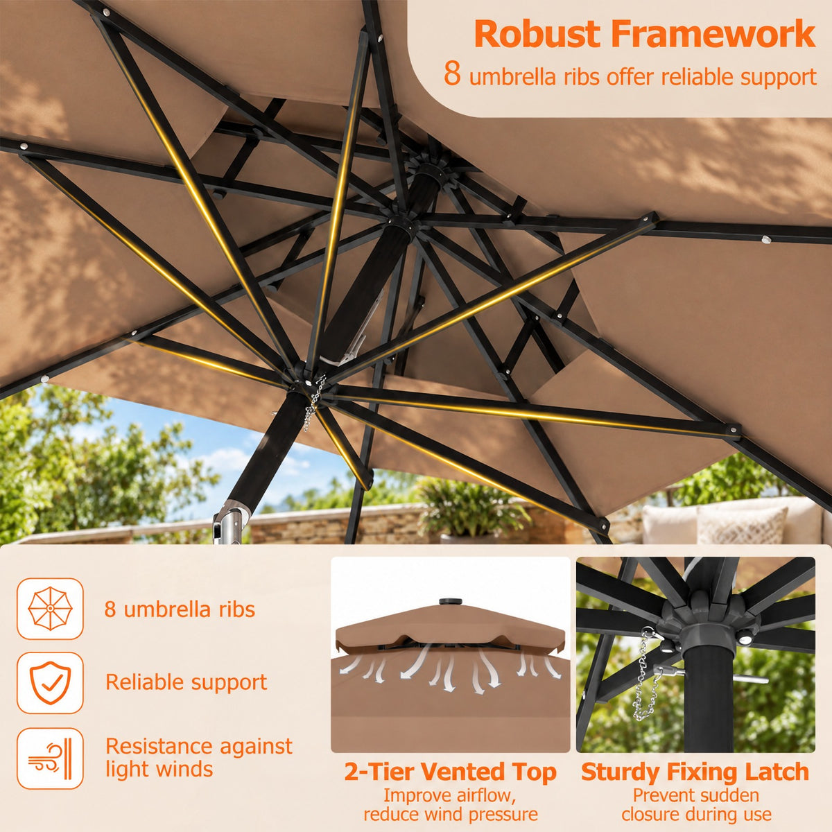Airfind 9 FT Solar LED Patio Umbrella Push-Button Tilt and Crank 24 LED Lights and 8 Ribs, Polyester Fabric Metal Frame, 9 x 8.2 ft Footprint, Brown
