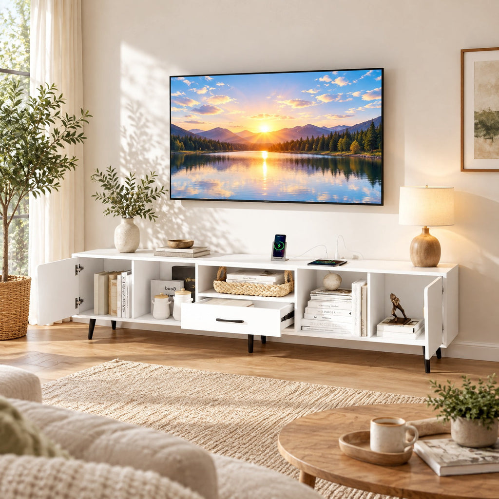 Airfind 79 Inch TV Stand for TVs up to 90 Inches Entertainment Center Wood Media Console Table Modern Mid Century TV Cabinet, 200 lbs Capacity, White
