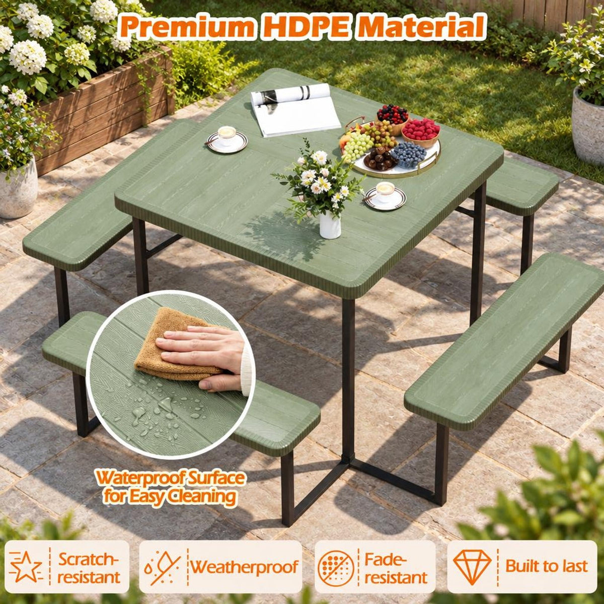 Airfind Outdoor Square Picnic Table Bench Set for 4-8 People with Umbrella Hole, Table 110 lbs Capacity, HDPE Metal Frame, 63 x 63 x 30 Footprint