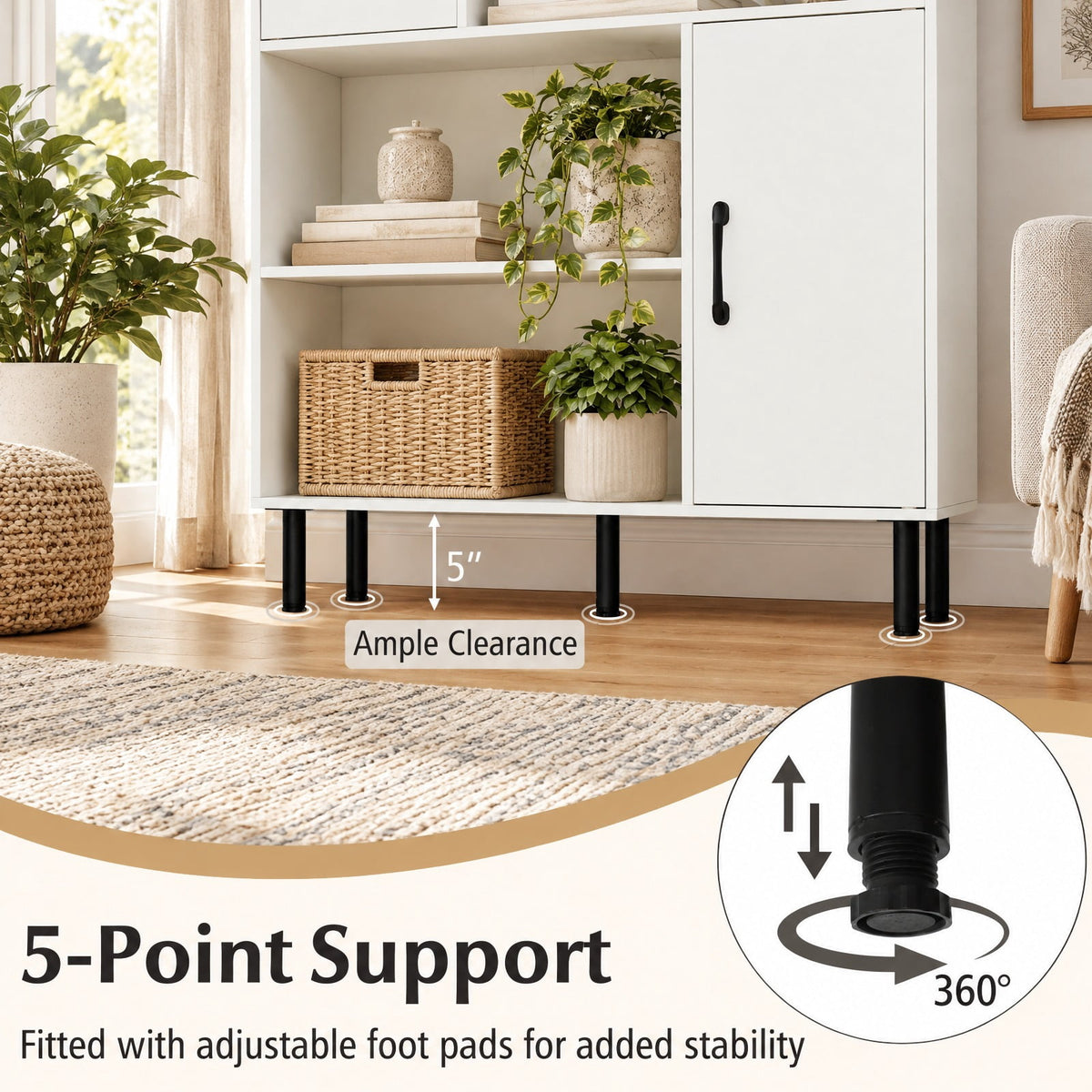 Airfind 47 Inch Storage Cabinet Freestanding Bookcase with 2 Doors and 4 Open Shelves, 176 lbs Capacity, Engineered Wood MDF Metal Frame, White