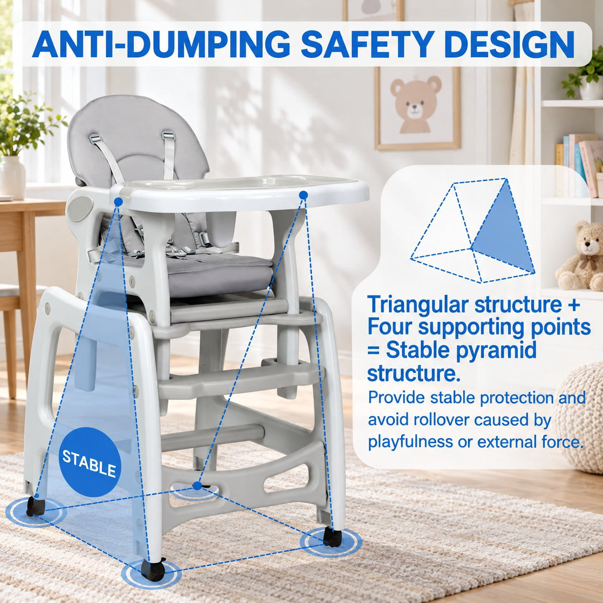Airfind 3-in-1 Youth High Chair with Lockable Universal Wheels, 50 lbs Capacity, PP, Model BB5604GR, PP PE Sponge Construction, Unspecified