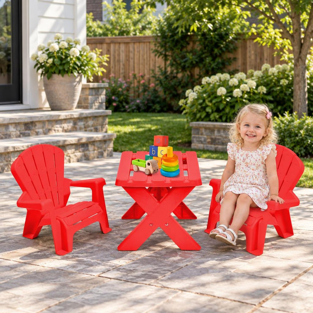 Airfind Plastic Youth Play Table, 3-Piece, Chair Set, 22 lbs Capacity, PP Frame, Durable construction lasts for years, Red
