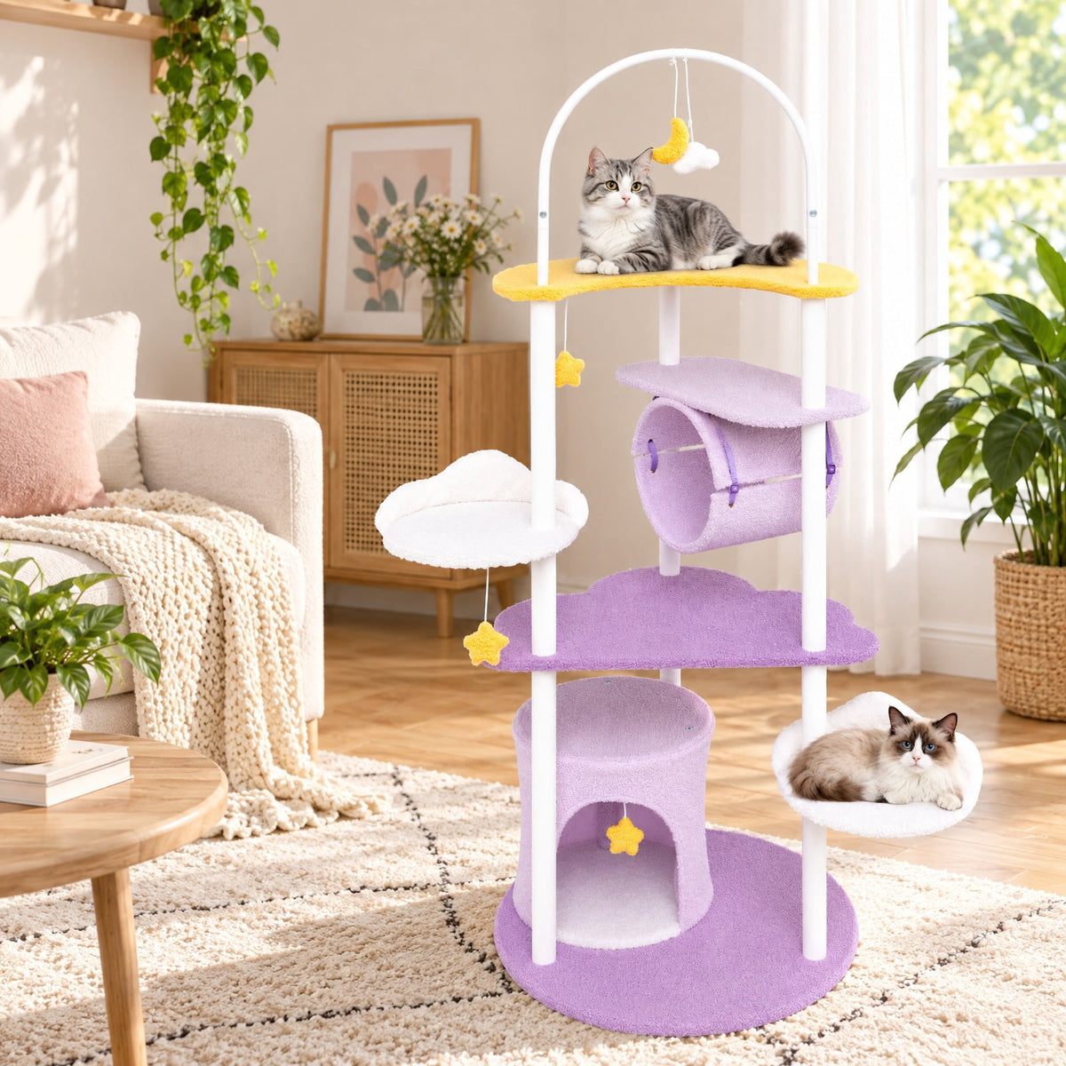 Airfind 62 Inches Large Cat Tower with Metal Frame and Jumping Platforms, 22 lbs Capacity, Purple, Diameter 24 Cat House