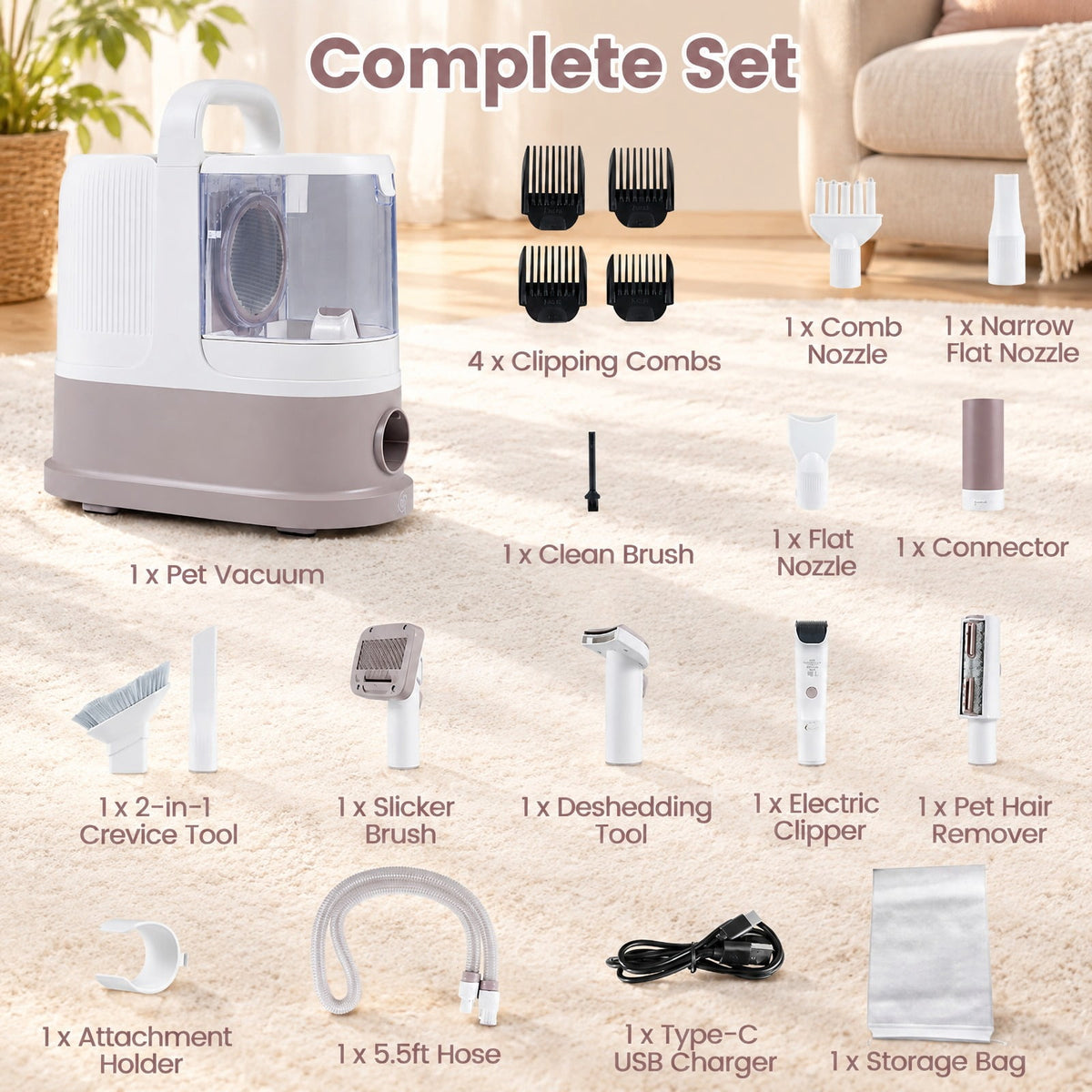 Airfind 9-in-1 Dog Grooming Vacuum Kit for Shedding with 3 Suction Modes and Clippers for Dogs and Cats Home Cleaning, WhiteMaterial ABS PPOverall