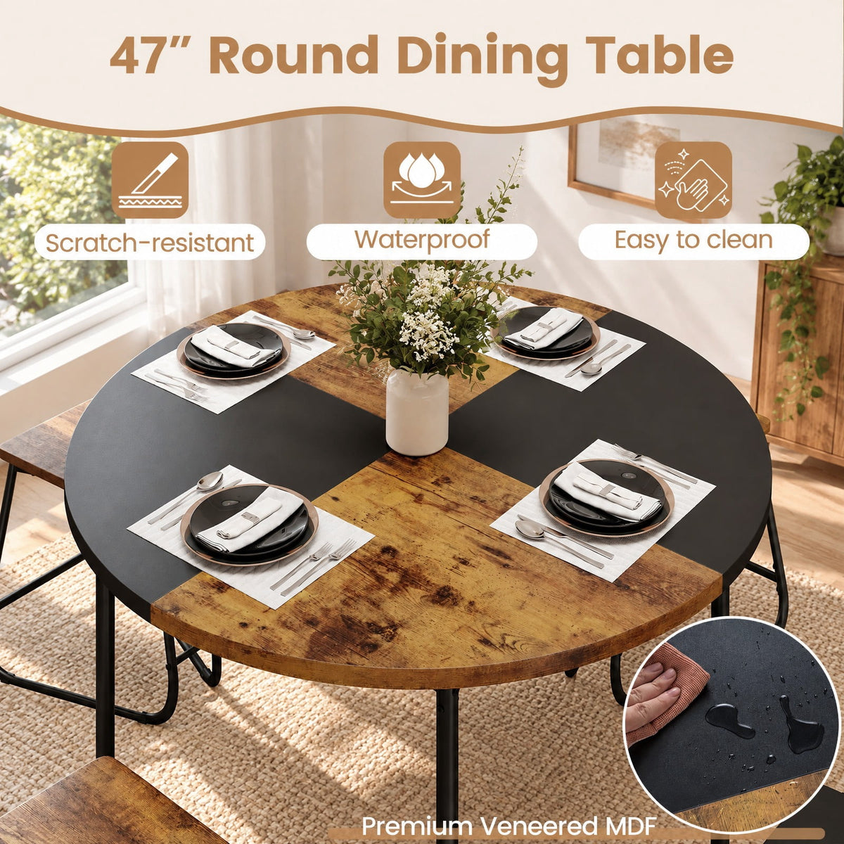 Airfind 5-Piece Dining Set for 4 47 Inch Round Kitchen Table and 4 Stools, MDF Metal Frame, Brown, Table Size 47in x 30in