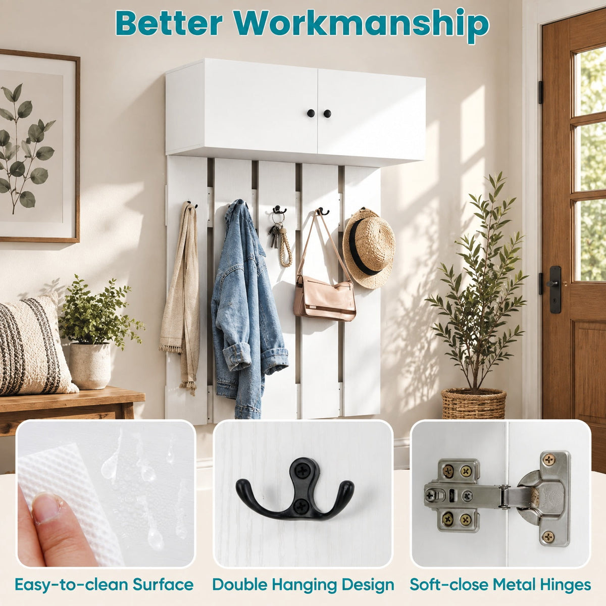 Airfind Entryway Wall Coat Rack Wall Mounted Coat Clothes Rack, 145 lbs Capacity, Engineered Wood Frame, 35.4in x 13in x 82.7in Footprint, White