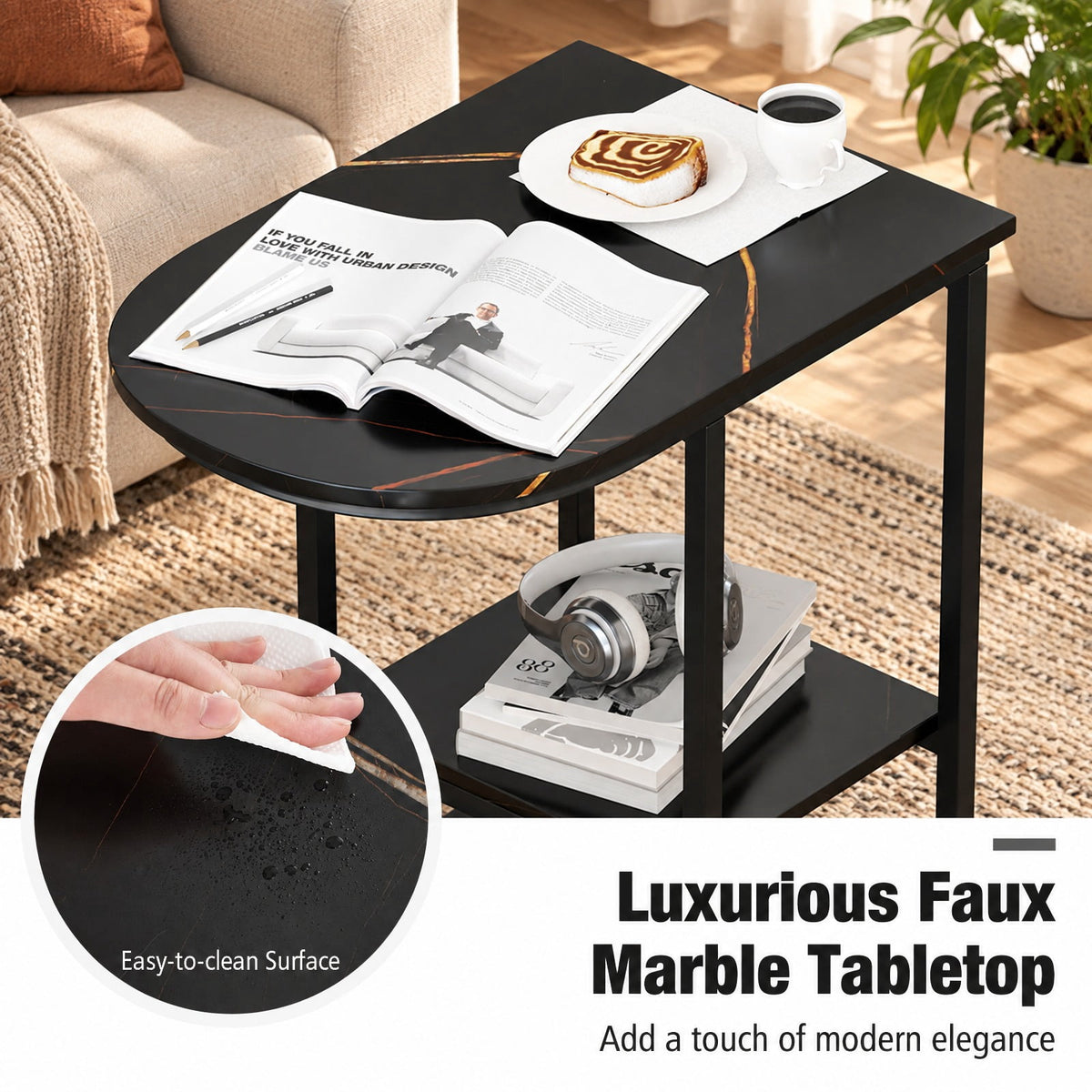 Airfind C-shaped Modern Sofa Side Table with Faux Marble Tabletop and Storage Shelf, 66 lbs Capacity, Engineered Wood Metal Frame, Black