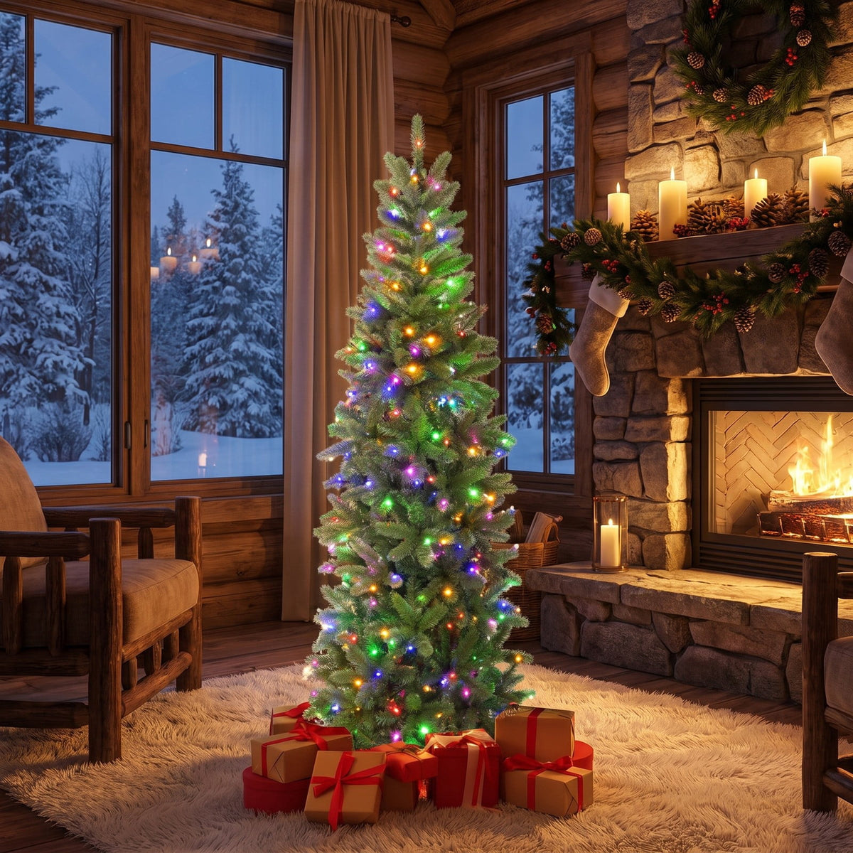 Airfind Pencil Christmas Tree with 180 Warm White and Multi, PVC PE Metal Tree Height 5ft Tree Width 2ft Frame, White