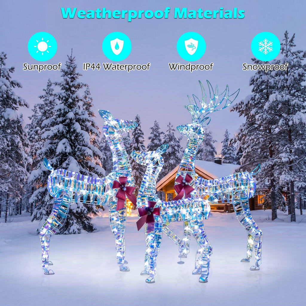 Airfind Christmas Reindeer Family Set of 3 Featuring 230 Cold White LED Lights, Metal Frames and Ground Stakes for Lawn and Garden, White