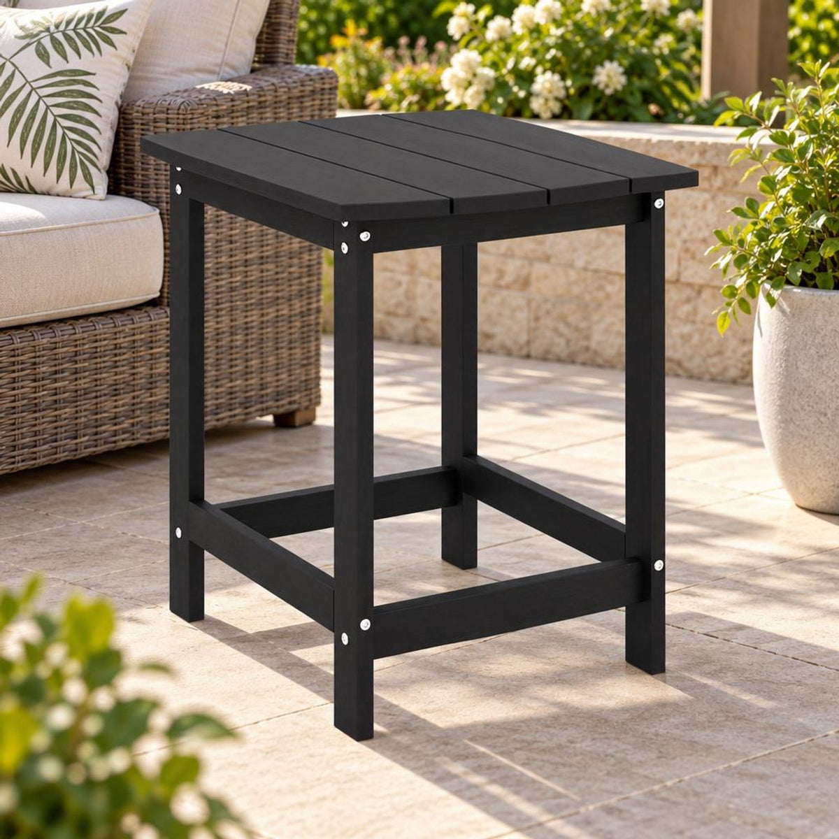 AIRFIND Outdoor Side Table, 18 inch Tall HDPE Patio End Table with Slatted Top and Stainless Steel Screws for Porch or Garden, Black