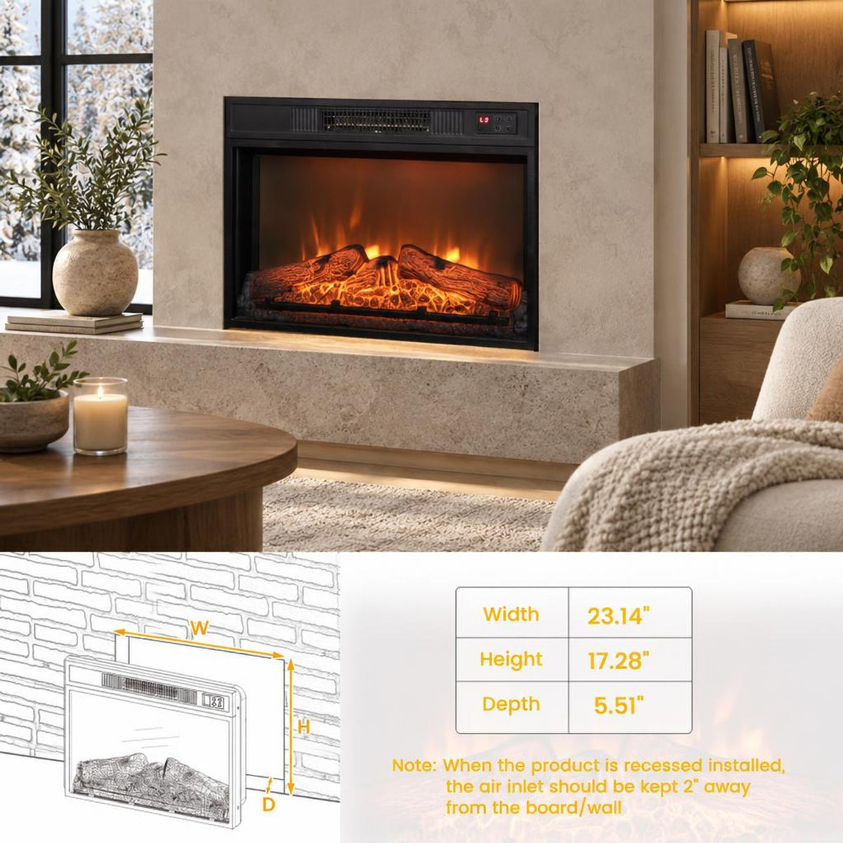 Airfind 18/23 Inch Electric Fireplace Inserted with Adjustable LED Flame-23 inches, Iron glass Frame