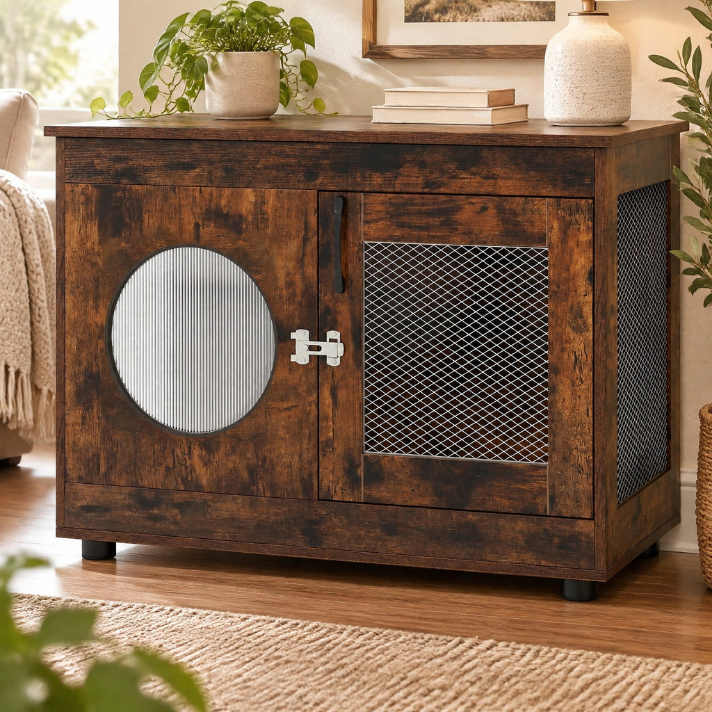 Airfind Furniture Style Dog Crate for Small and Medium Dogs with Translucent Window and Lockable Door, 88 lbs Capacity, Brown