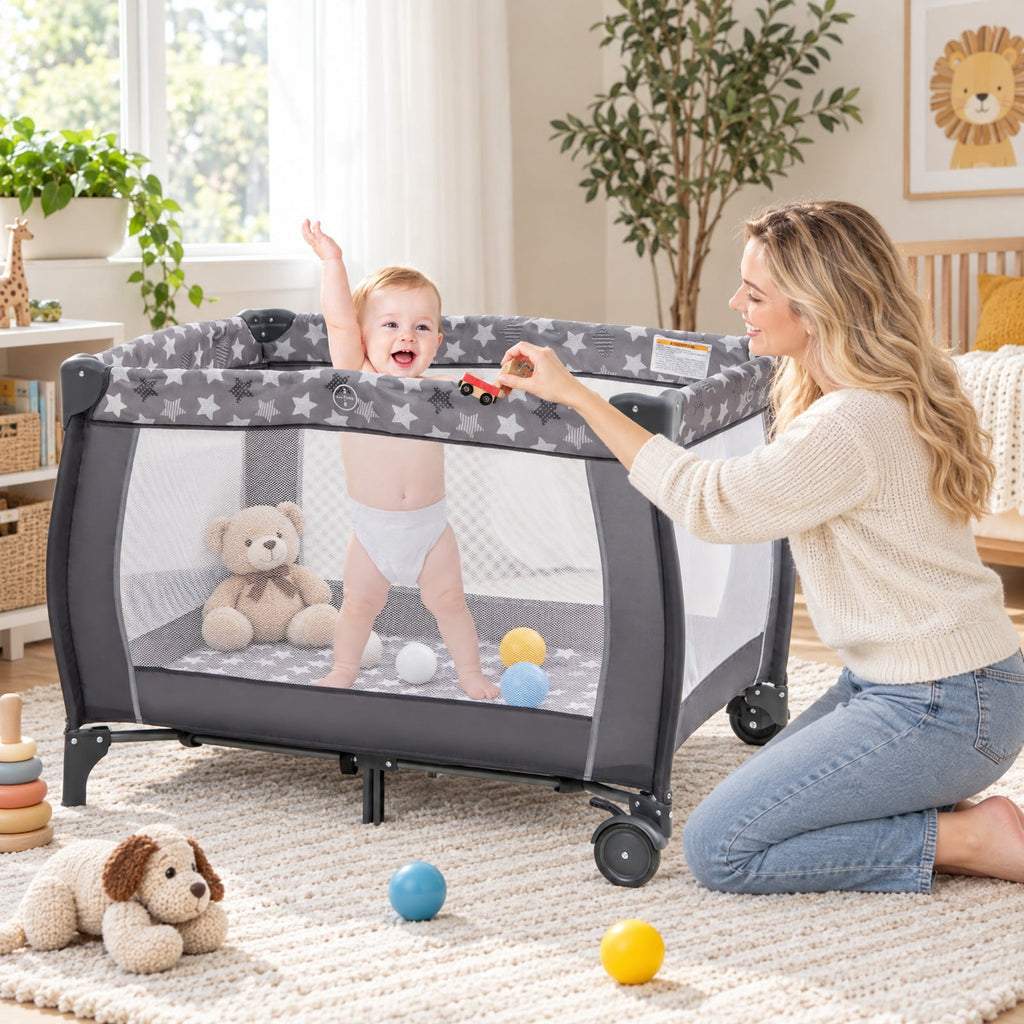 Airfind Portable Baby Playard with Changing Table Bassinet and Music Box, Oxford Cloth Sponge Iron PP Basic Baby Playard Frame, for 0-3 years old