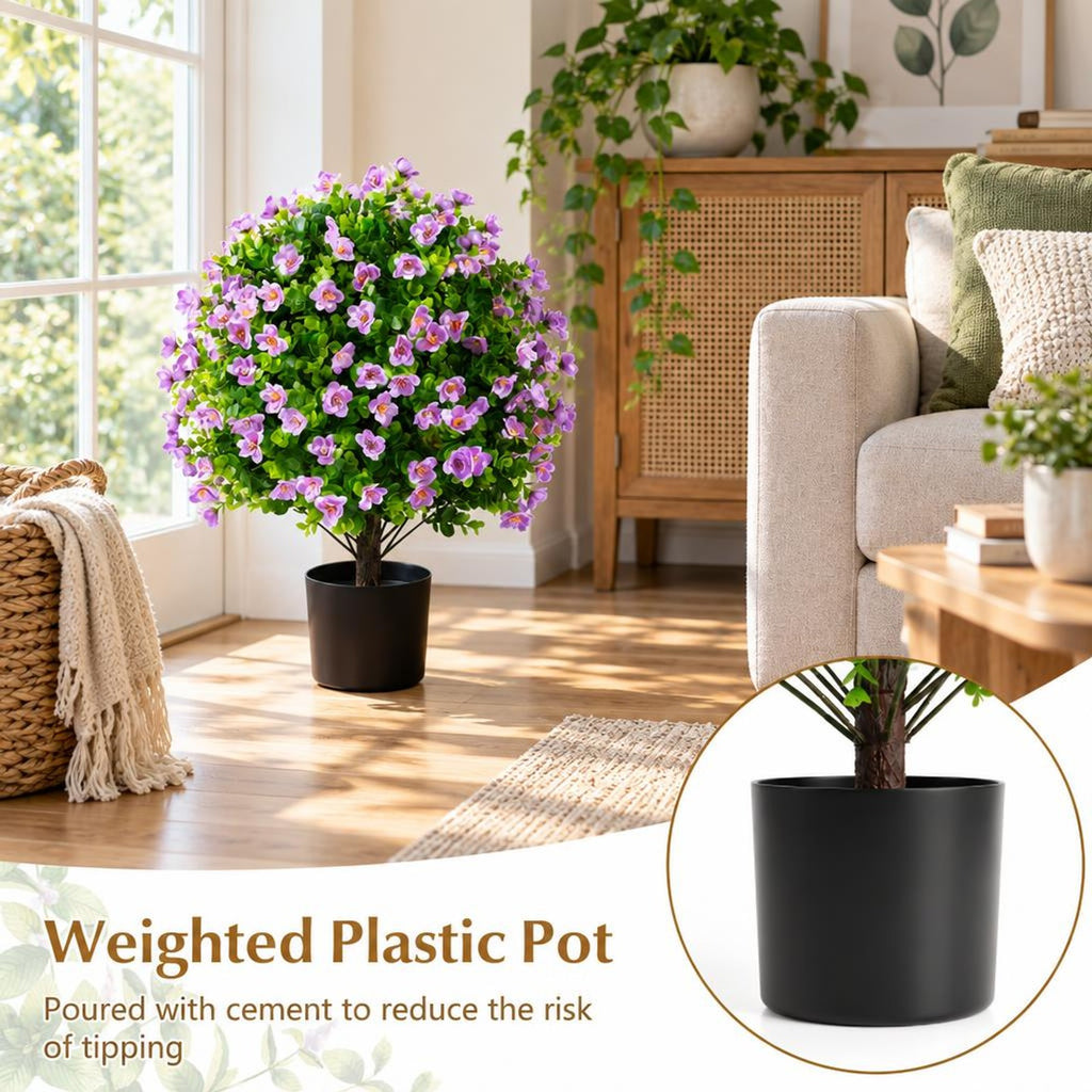 Airfind 2 Pack Artificial Eucalyptus Topiary Trees with Flowers and Cement Planter for Home, PE PP Cement Foam Frame, Purple