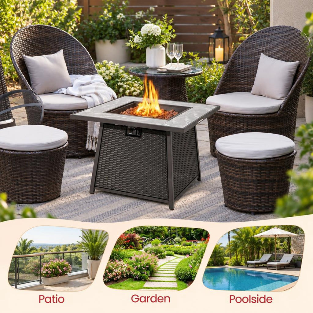 Airfind 35 Inch Propane Gas Fire Pit Table Wicker Rattan with Lava Rocks PVC Cover, 330 lbs Capacity, Steel stainless steel marble PE rattan Frame