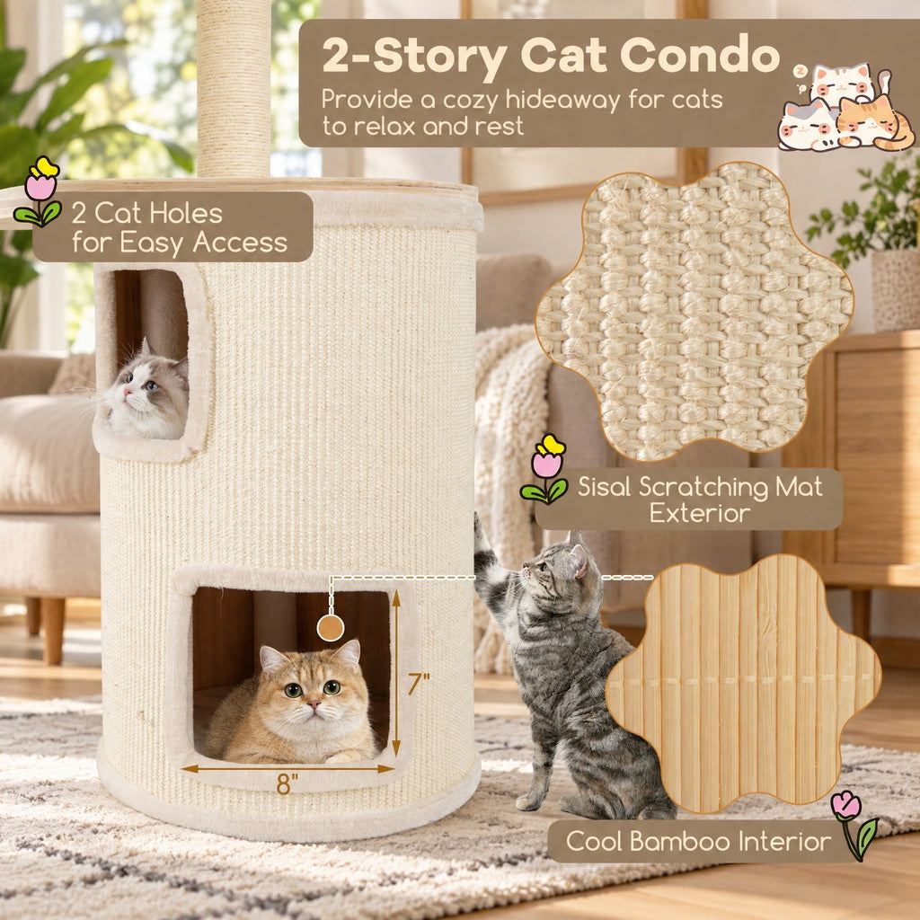 Airfind 60 Inches Tall Cat Tree with 2-Story Condo and Sisal Scratching Posts, 27.5 Inch x 15.5 Inch x 60 Inch Condo Footprint, Natural