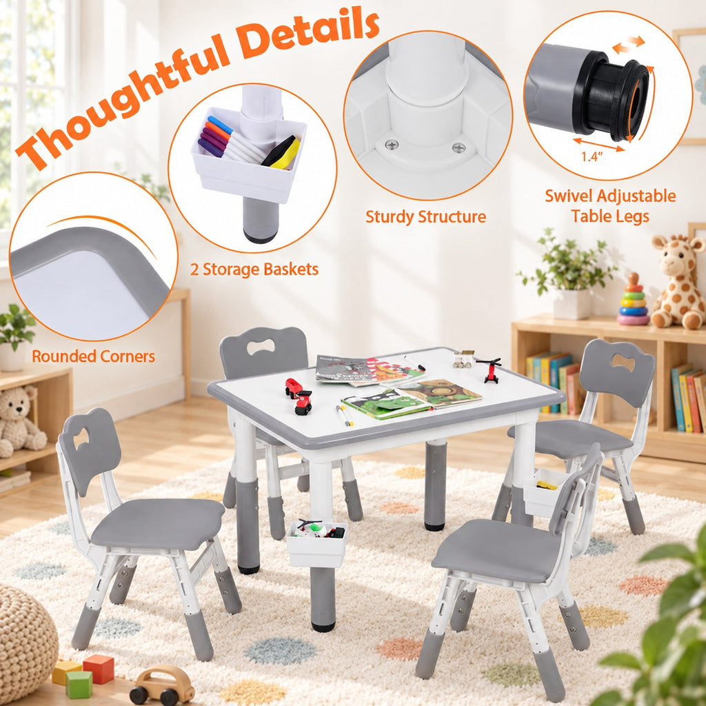 Airfind Height Adjustable Kids Table and 4 Chairs Set with Graffiti Desktop and 2 Storage Baskets, 220 lbs Capacity, Engineered Wood PP Frame, Gray