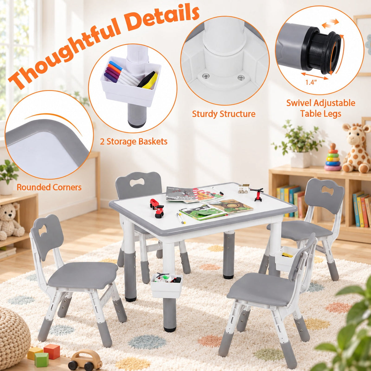Airfind Height Adjustable Kids Table and 4 Chairs Set with Graffiti Desktop and 2 Storage Baskets, 220 lbs Capacity, Engineered Wood PP Frame, Gray